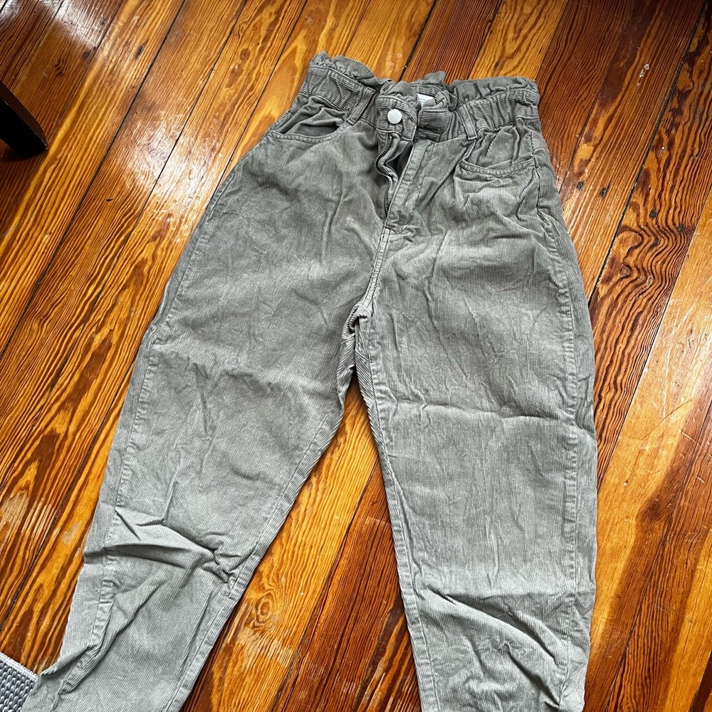 Green paper bag waist corduroy pants Zara